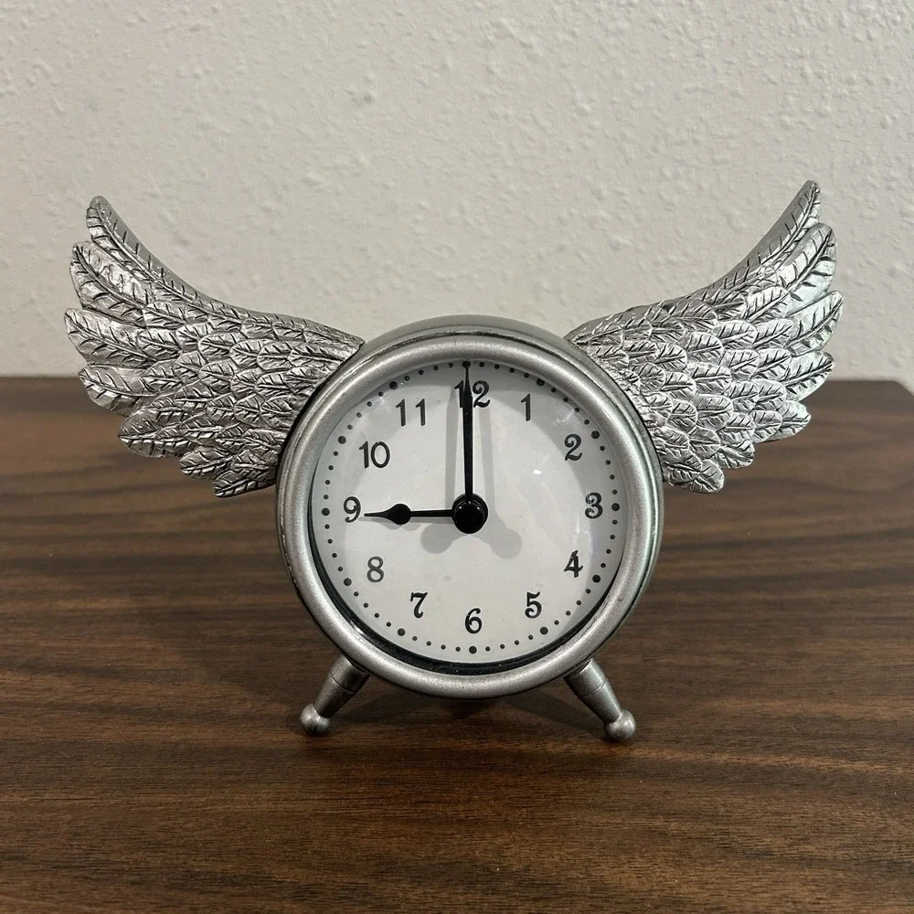 Pottery Barn Kids Clock Time Flies Wings Analog Silver Tone Junk Gypsy